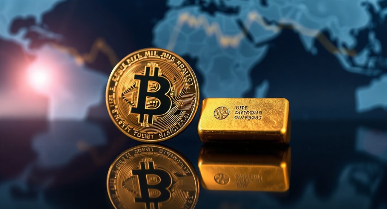 Bitcoin coin and gold bar side by side on a dark surface, symbolizing market comparison