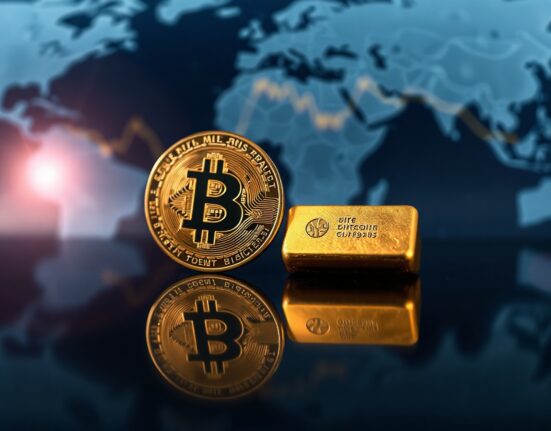 Bitcoin coin and gold bar side by side on a dark surface, symbolizing market comparison