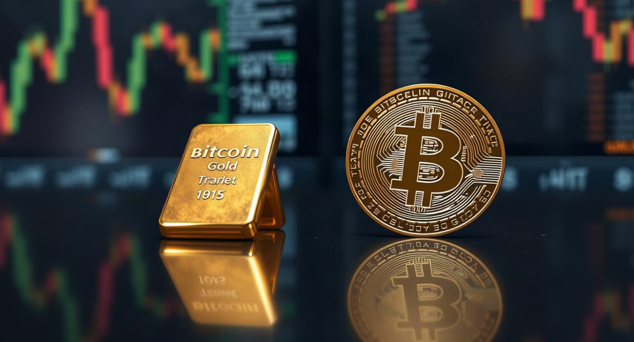 Comparison of gold bar and Bitcoin coin on reflective surface with financial charts in background