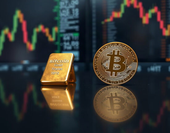 Comparison of gold bar and Bitcoin coin on reflective surface with financial charts in background
