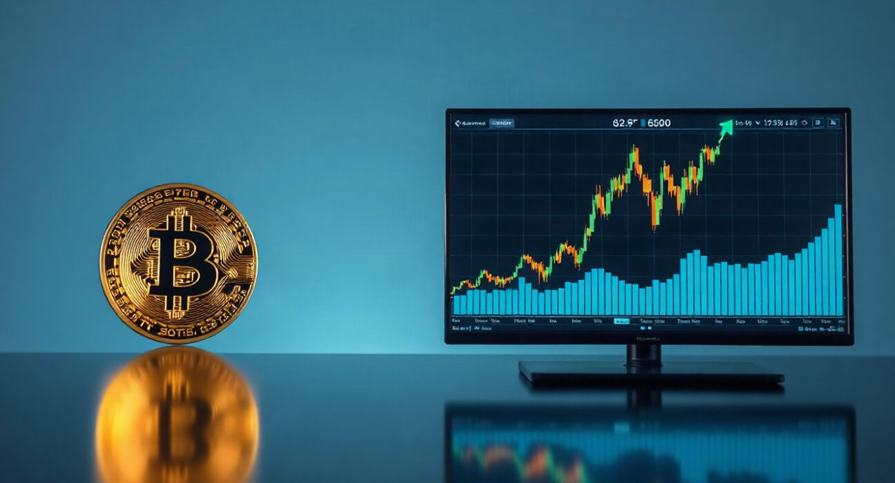 Bitcoin coin and stock market chart representing long-term investment comparison