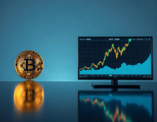 Bitcoin coin and stock market chart representing long-term investment comparison