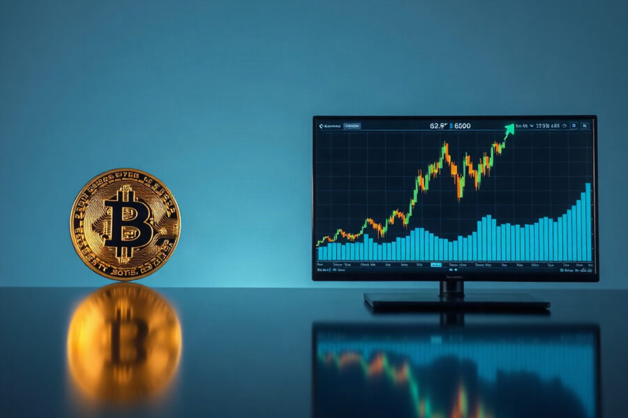 Bitcoin coin and stock market chart representing long-term investment comparison