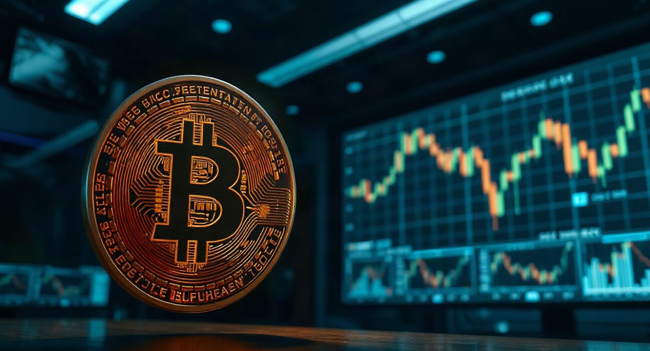 Bitcoin coin in focus against a blurred background of financial charts and monitors.