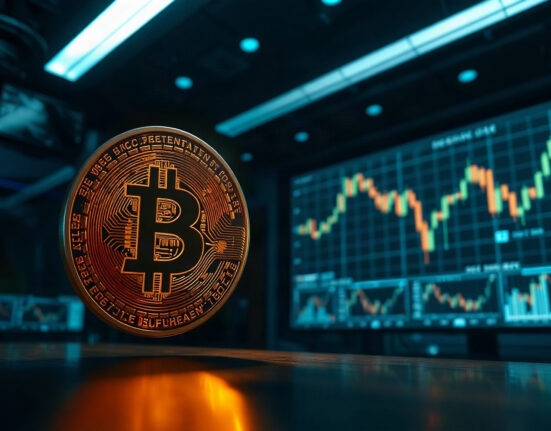 Bitcoin coin in focus against a blurred background of financial charts and monitors.
