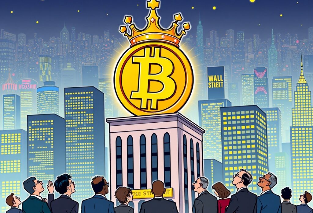 A cartoon illustration of Bitcoin wearing a crown, symbolizing its dominance and status as the 'king of Wall Street' amid increasing institutional embrace.