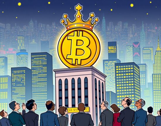A cartoon illustration of Bitcoin wearing a crown, symbolizing its dominance and status as the 'king of Wall Street' amid increasing institutional embrace.