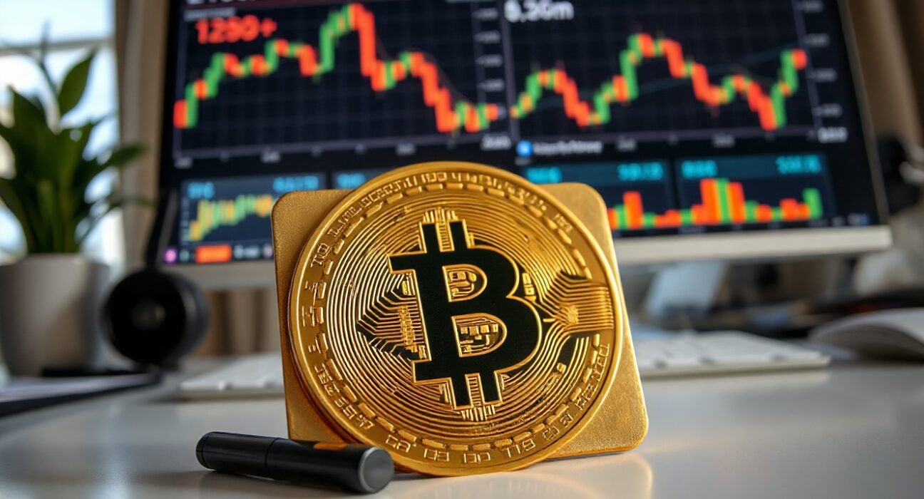 Bitcoin hardware wallet on desk with monitor showing price chart in background