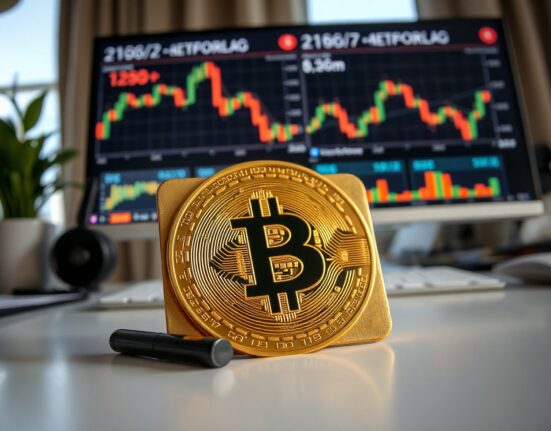 Bitcoin hardware wallet on desk with monitor showing price chart in background