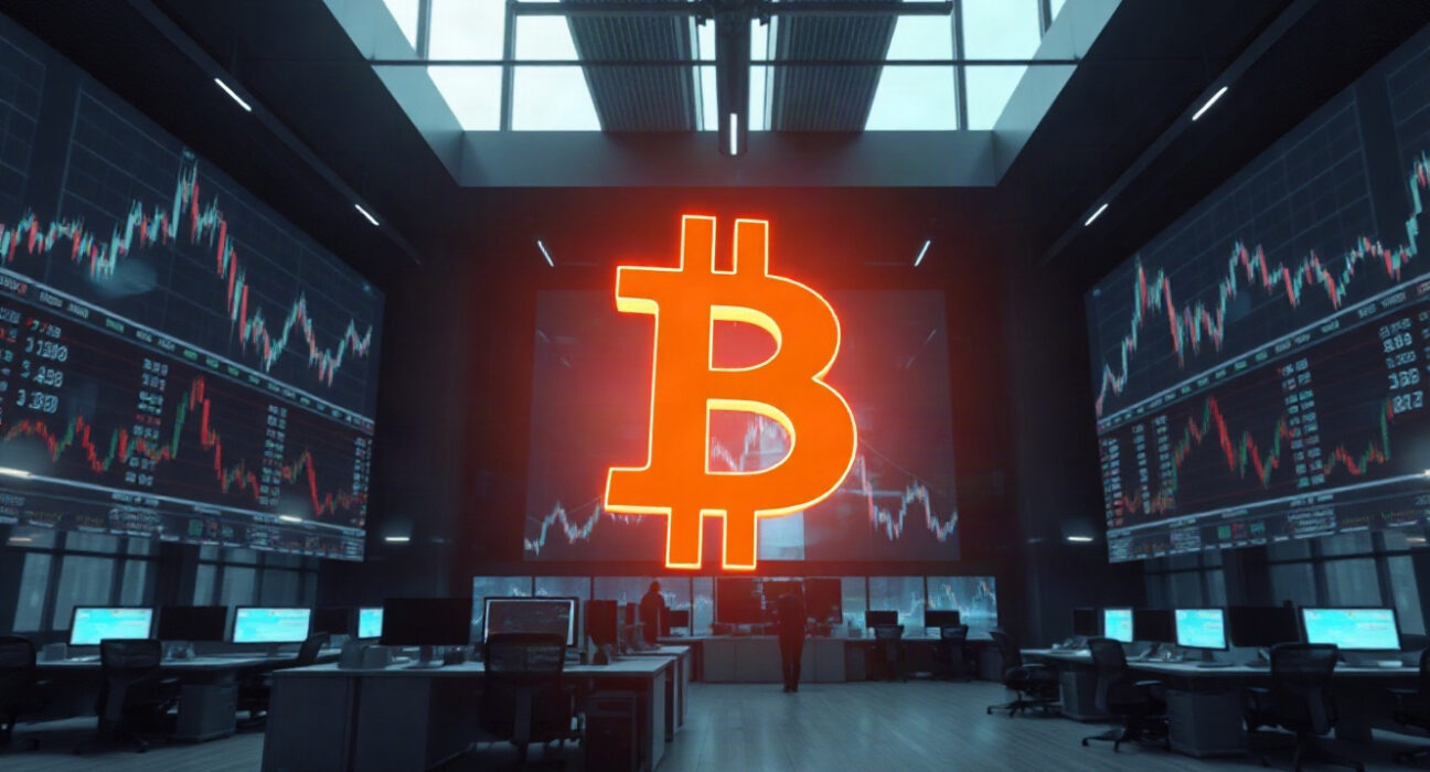 Bitcoin price chart displayed on a large screen in a modern trading office