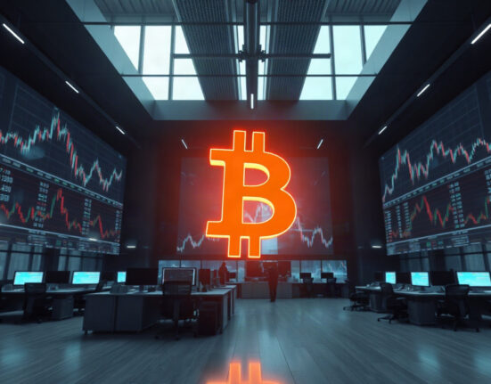 Bitcoin price chart displayed on a large screen in a modern trading office