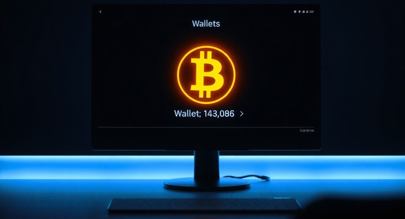 Digital wallet interface showing a Bitcoin withdrawal transaction with glowing orange Bitcoin symbol on a dark screen.