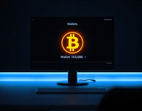Digital wallet interface showing a Bitcoin withdrawal transaction with glowing orange Bitcoin symbol on a dark screen.