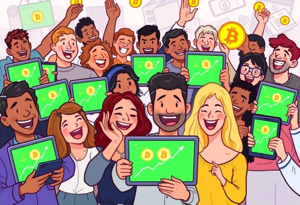 A celebratory cartoon depicting numerous individuals delighted by their Bitcoin wallets in profit, symbolizing a record market milestone.