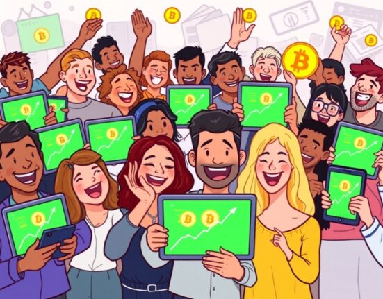 A celebratory cartoon depicting numerous individuals delighted by their Bitcoin wallets in profit, symbolizing a record market milestone.