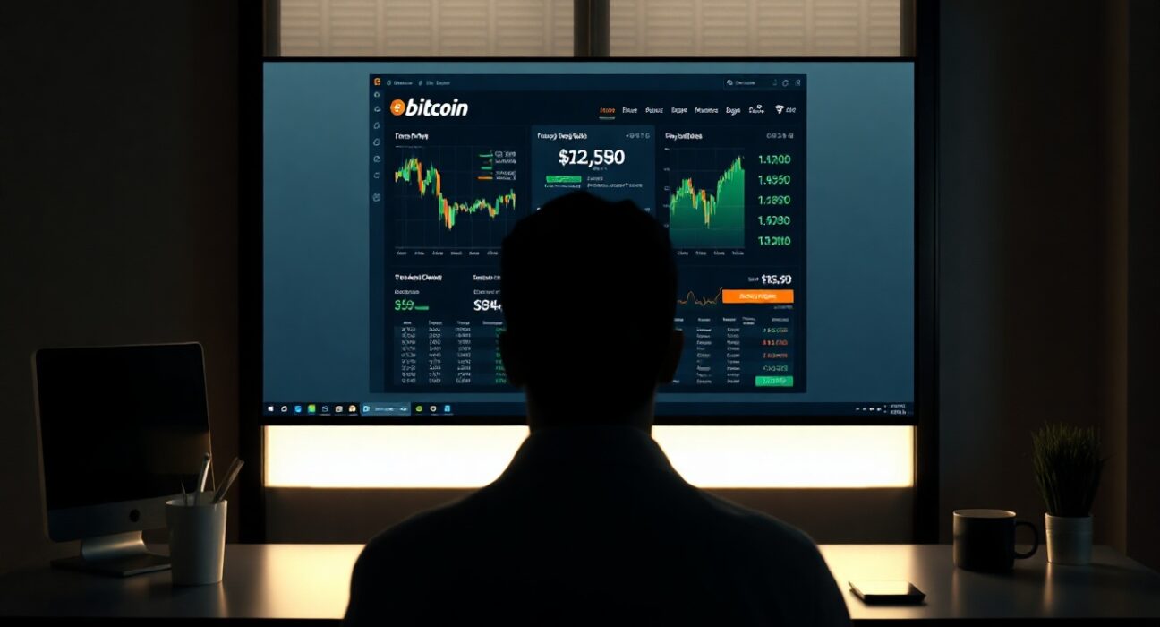 Bitcoin wallet interface on a computer screen with blockchain transaction data in a dark office