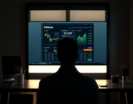 Bitcoin wallet interface on a computer screen with blockchain transaction data in a dark office
