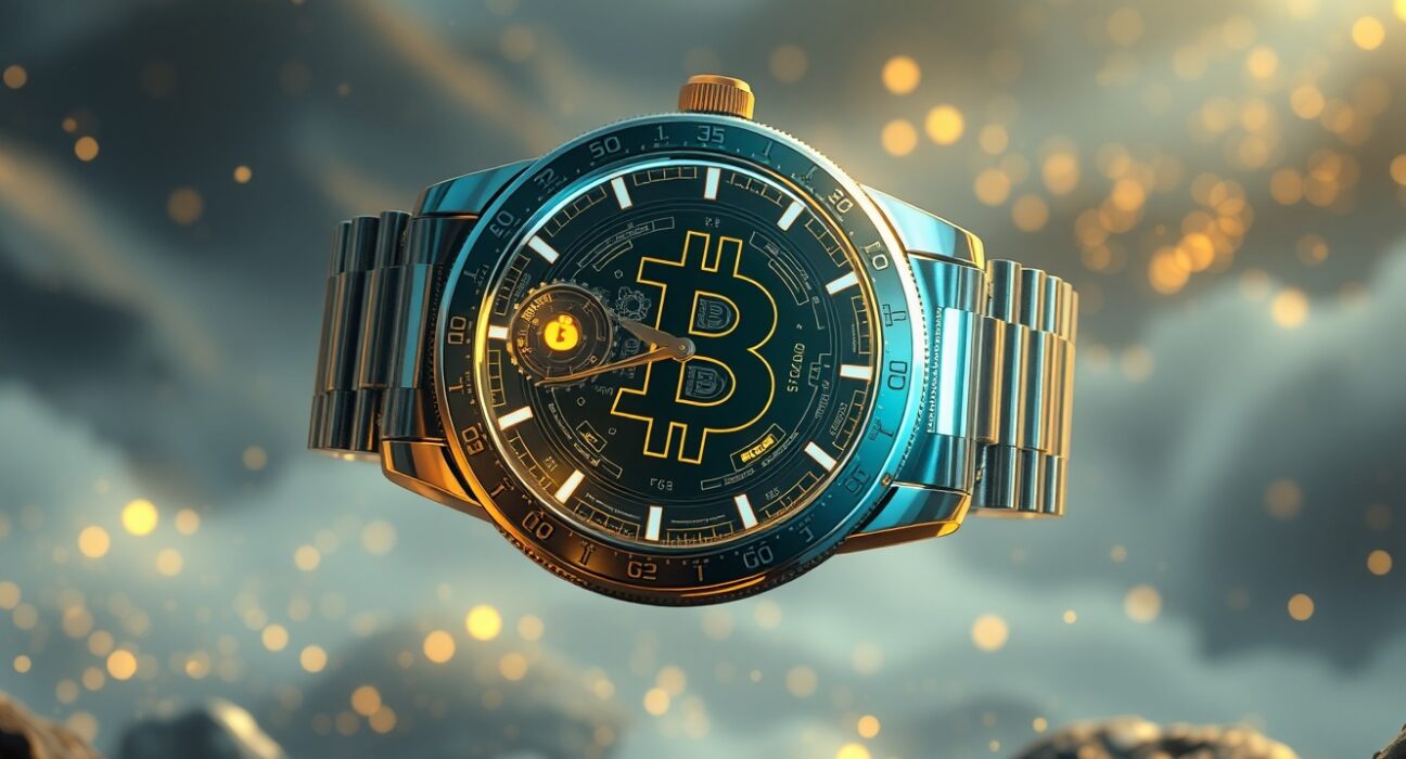 GoMining Bitcoin watch generating cryptocurrency mining rewards while functioning as luxury timepiece