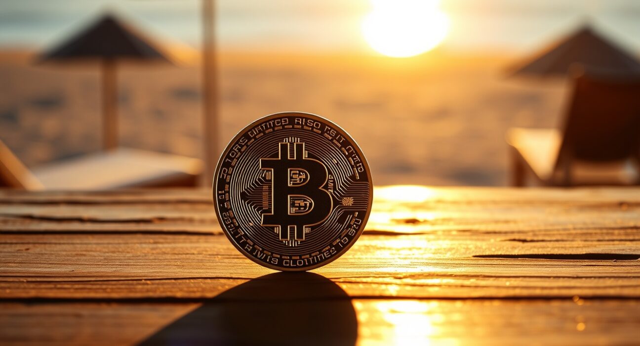 Bitcoin coin on a wooden table with a blurred summer beach background, symbolizing seasonal market trends.