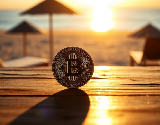 Bitcoin coin on a wooden table with a blurred summer beach background, symbolizing seasonal market trends.