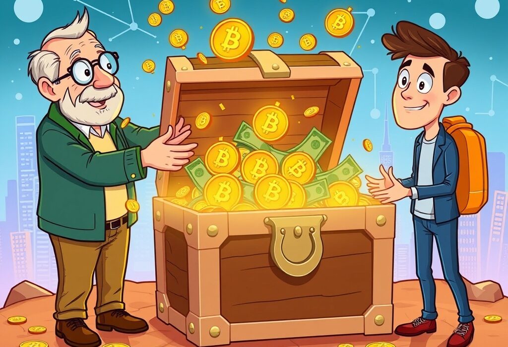 A cartoon illustration showing a generational Bitcoin wealth shift, with wealth being passed from older to younger hands, symbolizing future crypto adoption.