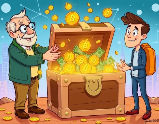 A cartoon illustration showing a generational Bitcoin wealth shift, with wealth being passed from older to younger hands, symbolizing future crypto adoption.