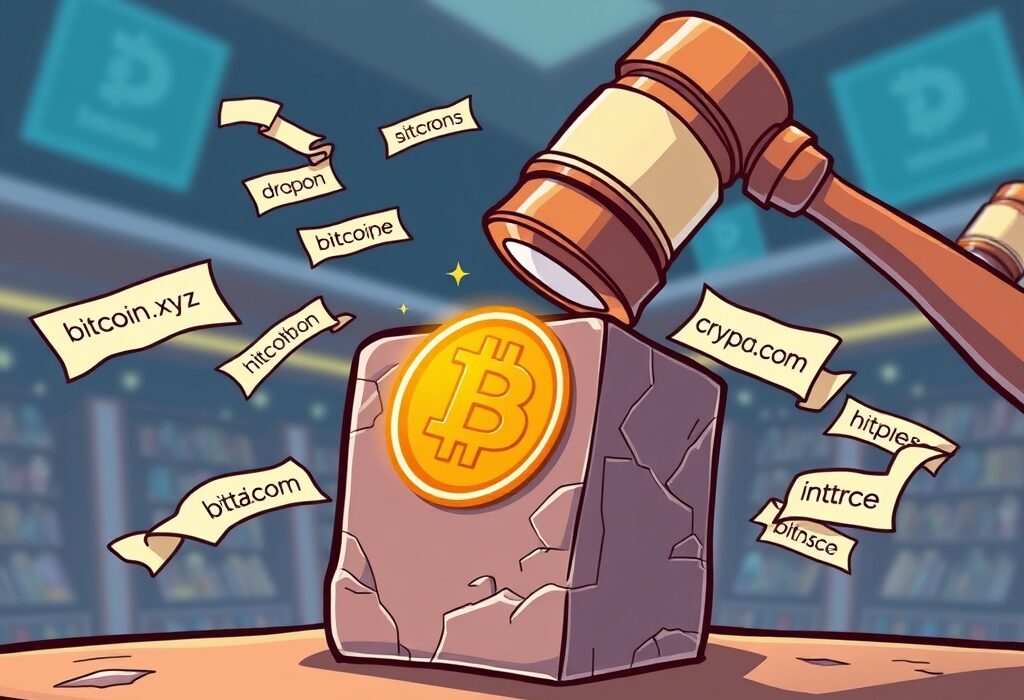 A cartoon illustration of an auction gavel hitting a block, symbolizing the sale of valuable Bitcoin web domains.