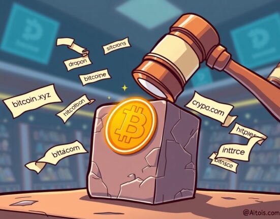 A cartoon illustration of an auction gavel hitting a block, symbolizing the sale of valuable Bitcoin web domains.