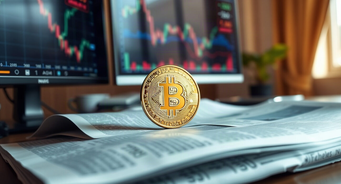 Bitcoin coin on a financial newspaper with stock charts in background