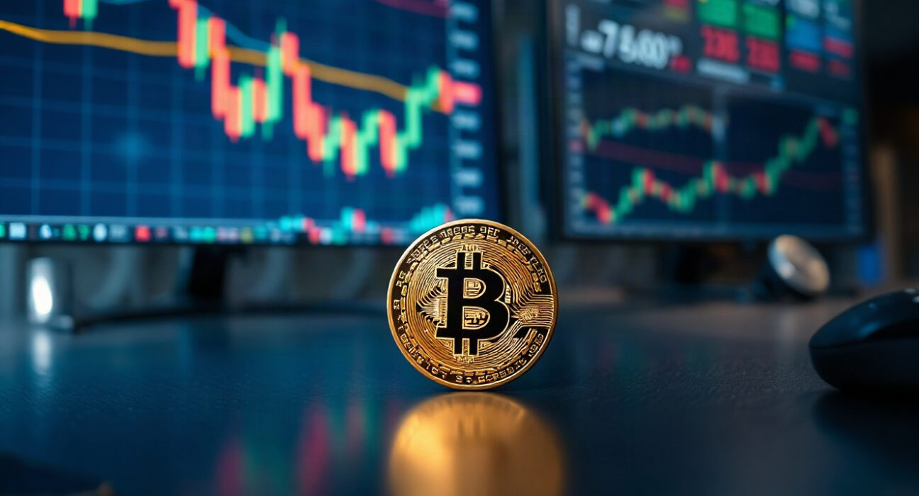 Bitcoin coin on reflective surface with stock charts in background