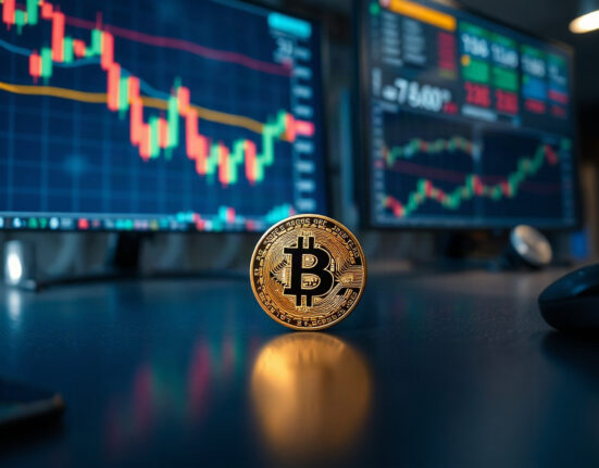 Bitcoin coin on reflective surface with stock charts in background
