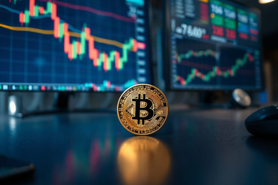 Bitcoin coin on reflective surface with stock charts in background