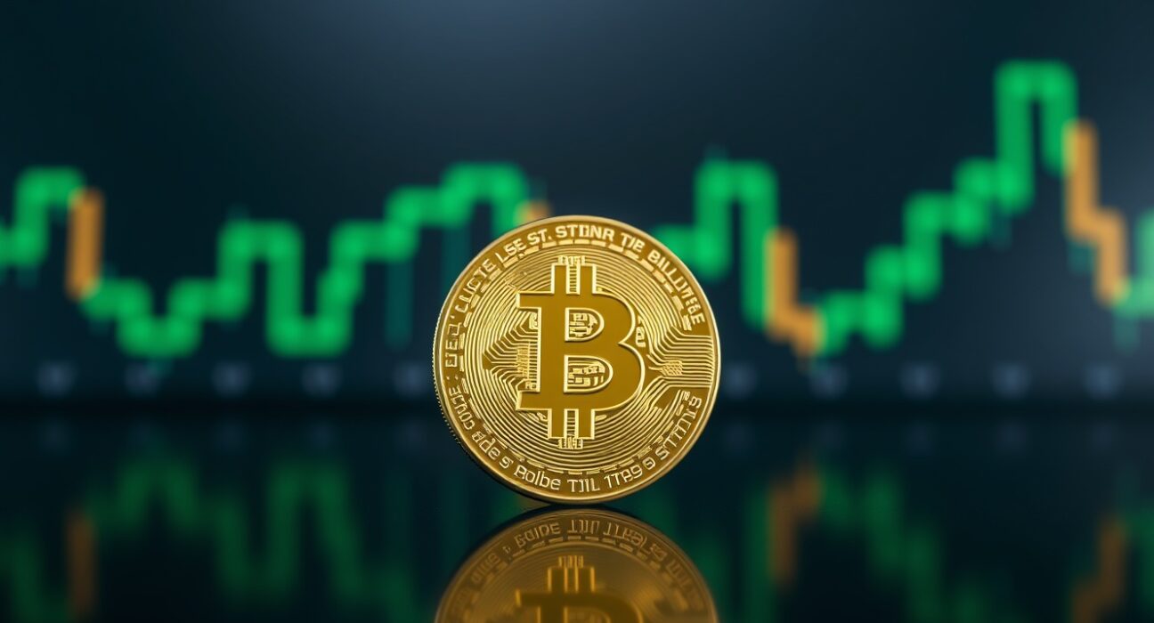 Bitcoin token on reflective surface with bullish chart background