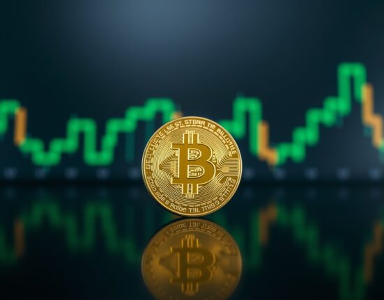 Bitcoin token on reflective surface with bullish chart background
