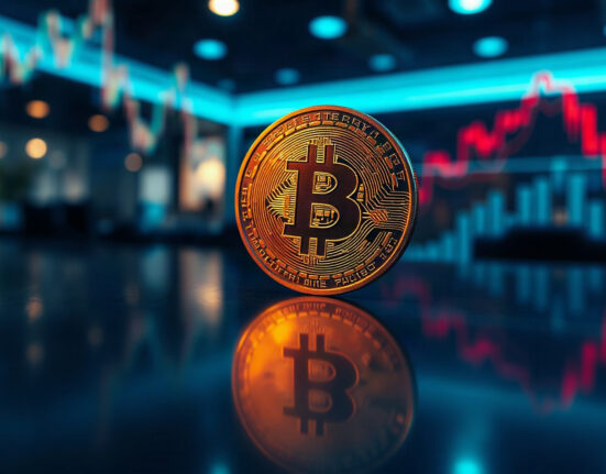 Bitcoin coin with a rising chart in the background symbolizing ETF-driven price momentum.