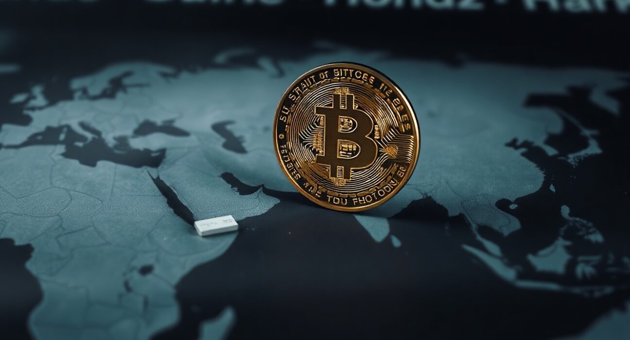 Bitcoin coin on a map with the Strait of Hormuz region highlighted, symbolizing geopolitical impact on BTC.