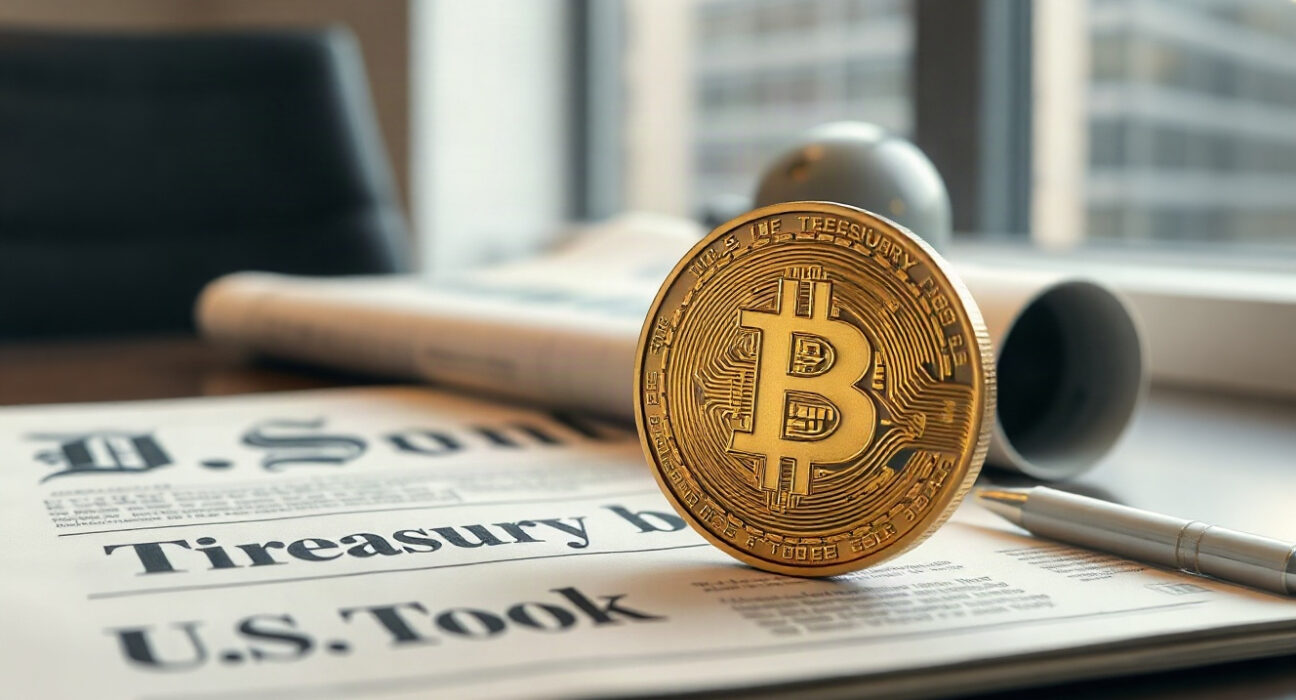 Bitcoin coin next to US Treasury bond documents and financial newspaper