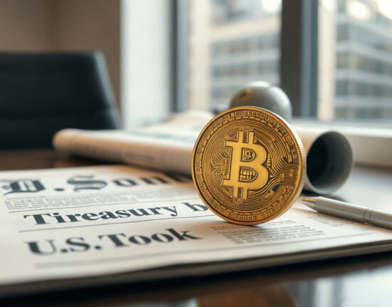 Bitcoin coin next to US Treasury bond documents and financial newspaper