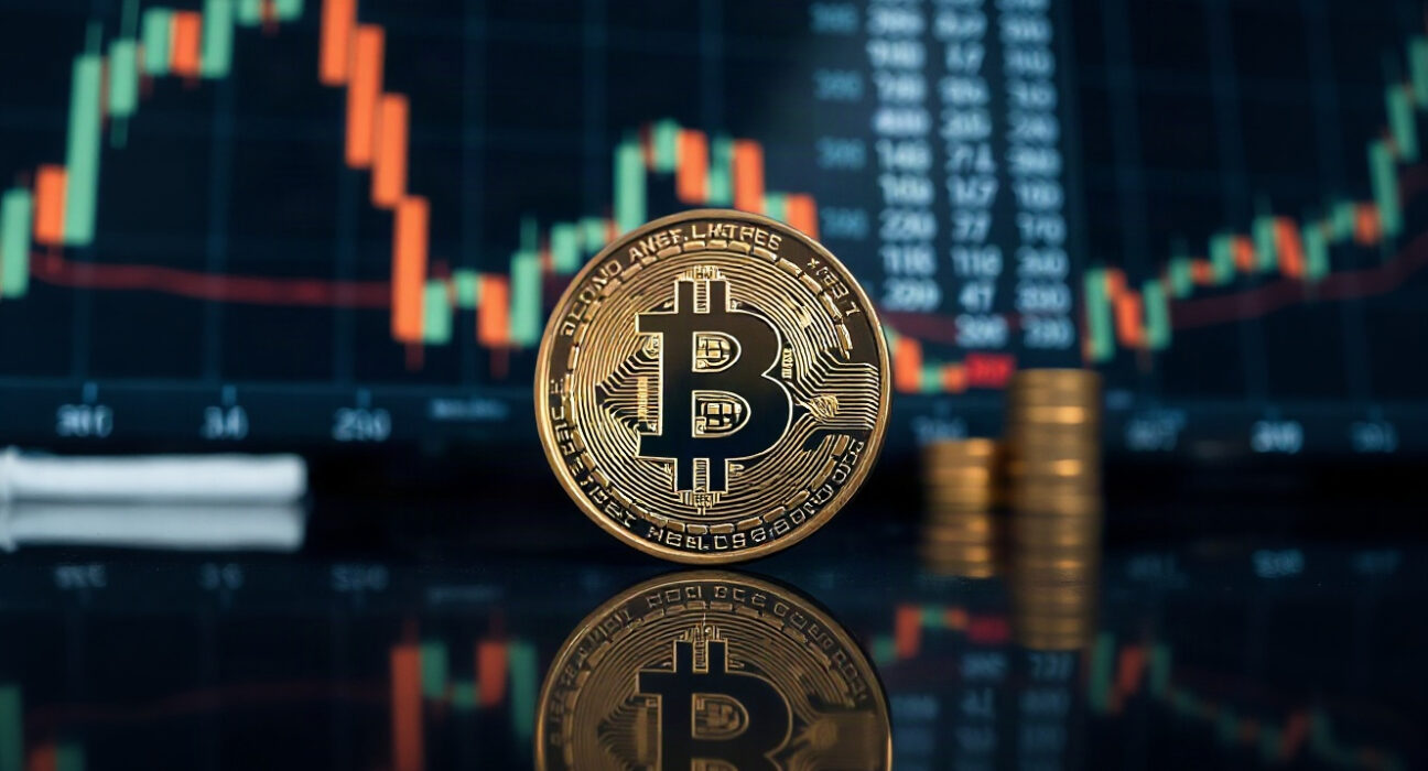 Bitcoin coin on reflective surface with blurred market chart in background