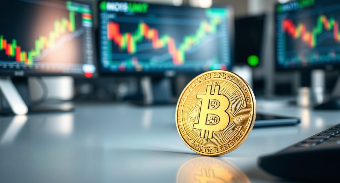 Bitcoin coin on a desk with trading monitors in the background, representing price analysis and market outlook