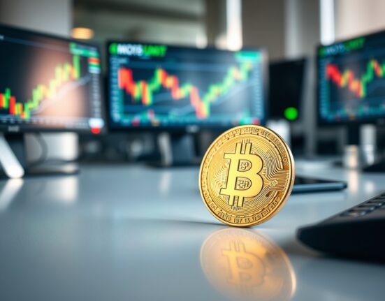 Bitcoin coin on a desk with trading monitors in the background, representing price analysis and market outlook