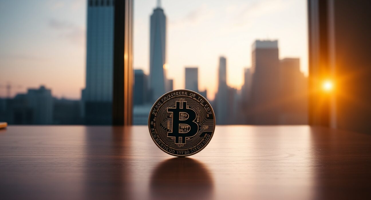 Bitcoin coin on a desk with a blurred financial district skyline in the background