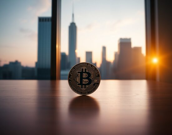 Bitcoin coin on a desk with a blurred financial district skyline in the background