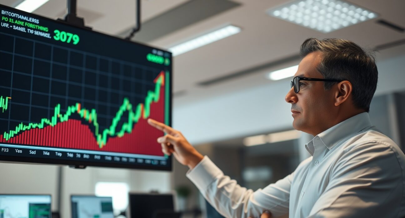 Financial analyst reviewing Bitcoin price chart with green and red candles on a large screen