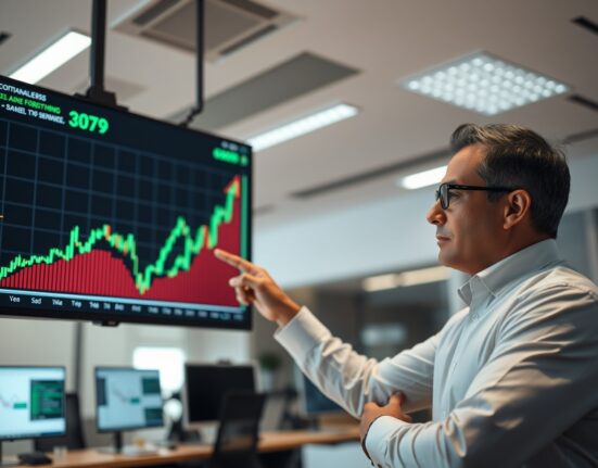 Financial analyst reviewing Bitcoin price chart with green and red candles on a large screen