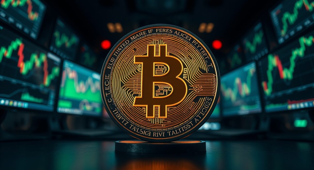 Bitcoin coin on a trading desk with blurred monitor charts in background