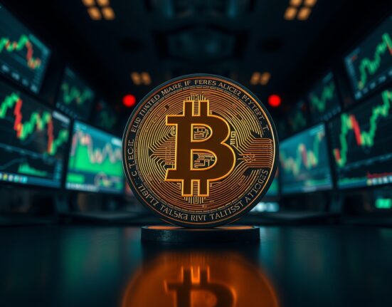 Bitcoin coin on a trading desk with blurred monitor charts in background