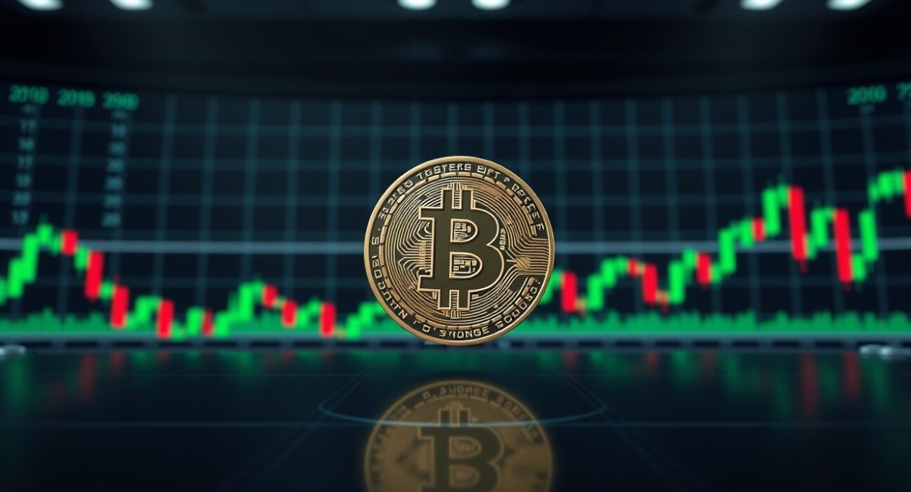 Bitcoin weekly pick: A Bitcoin coin on a trading dashboard with candlestick charts, representing the BTC price forecast for the final week of April.