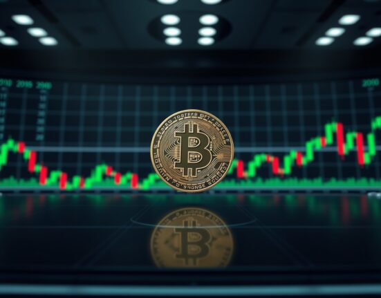 Bitcoin weekly pick: A Bitcoin coin on a trading dashboard with candlestick charts, representing the BTC price forecast for the final week of April.