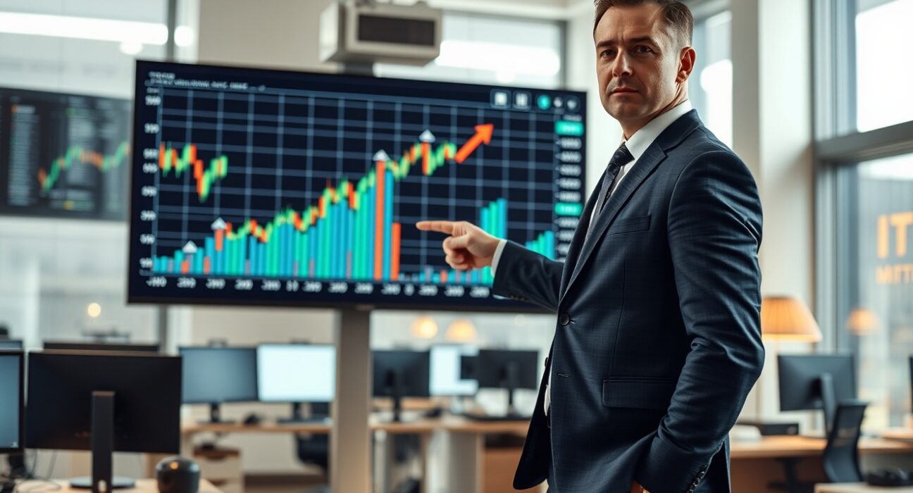 Financial analyst reviewing Bitcoin price chart on a large digital display in a modern newsroom
